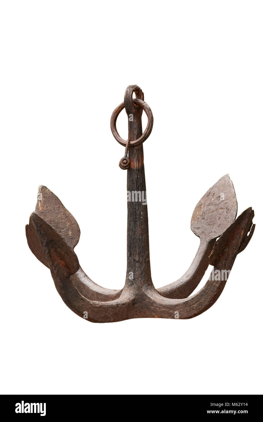 Un vecchio dispositivo di ancoraggio in acciaio di una nave storica Foto Stock