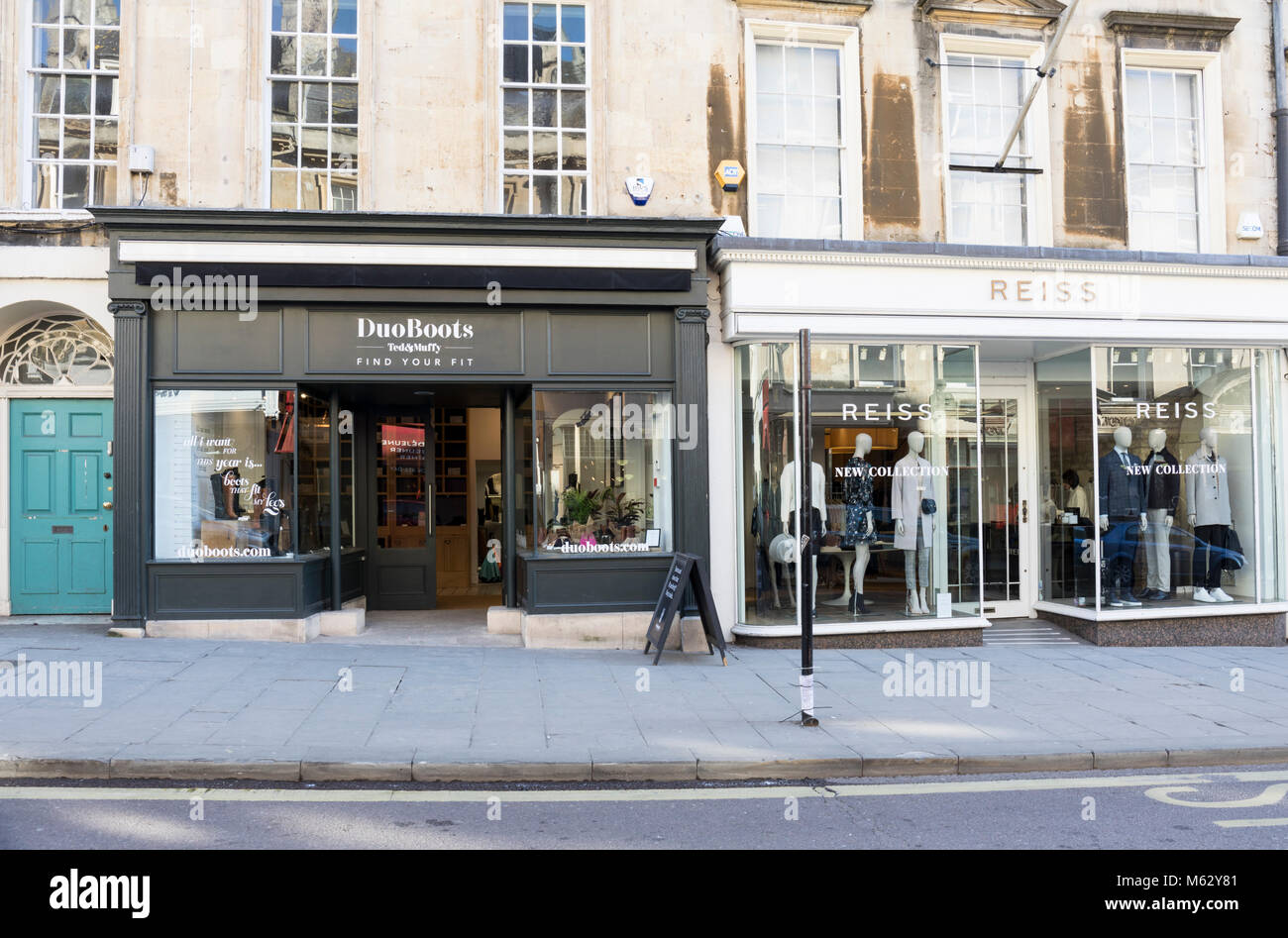 DuoBoots e Reiss memorizza, Milsom Street, Bath, Inghilterra Foto Stock