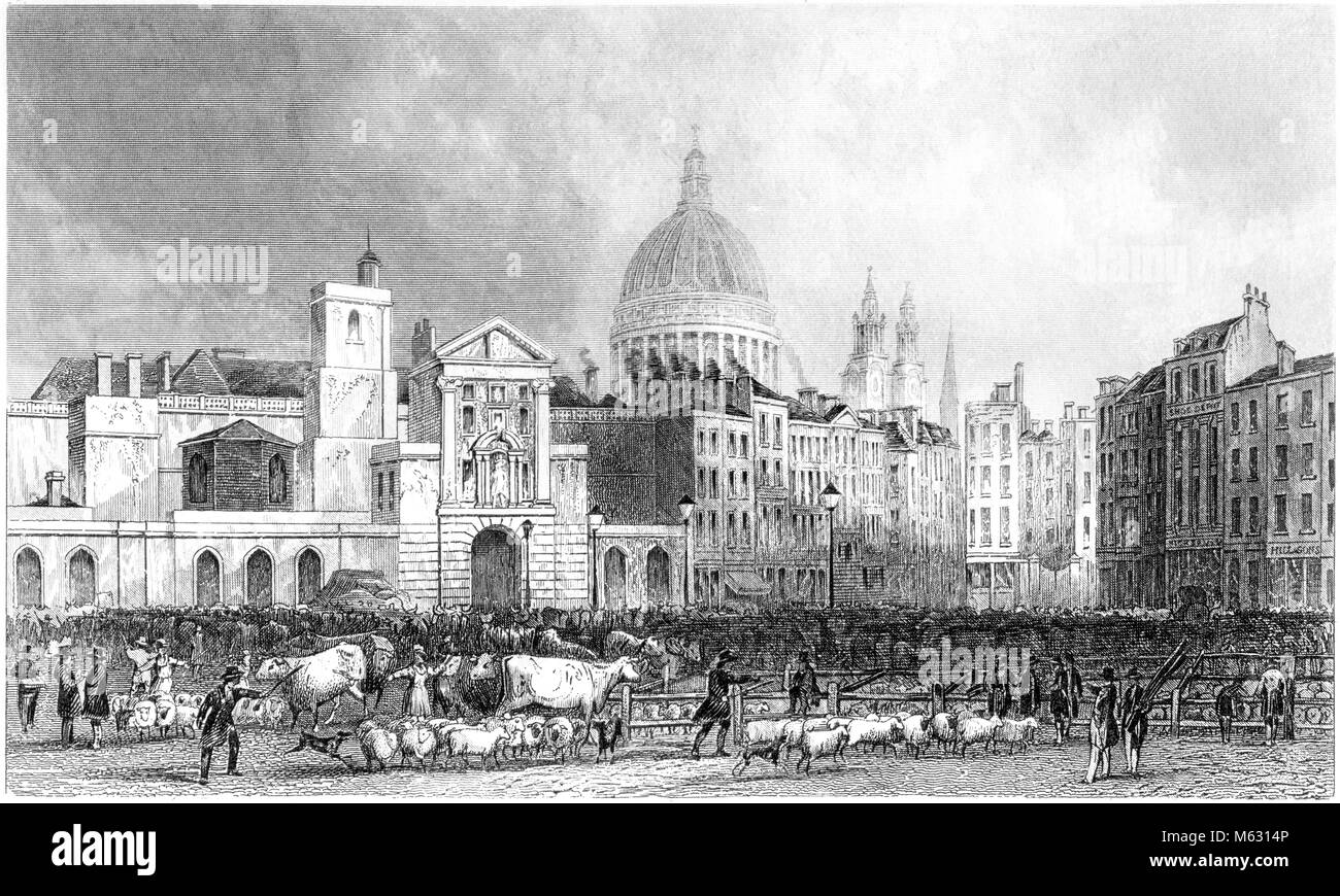 Una incisione di Smithfield Market, Londra scansionati ad alta risoluzione da un libro stampato nel 1851. Ritiene copyright free. Foto Stock