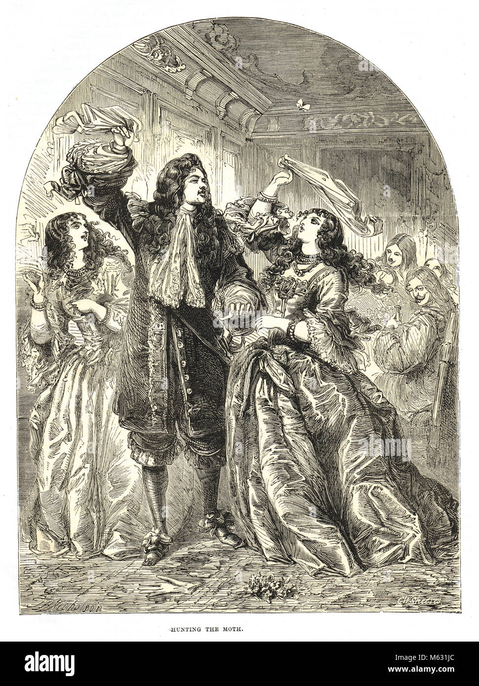 Carlo II, il Merry monarch, divertente se stesso con le colleghe del suo serraglio di caccia un Moth, indifferenti alla nazionale di umiliazione del raid su Medway, giugno 1667, durante la Seconda guerra anglo-olandese Foto Stock