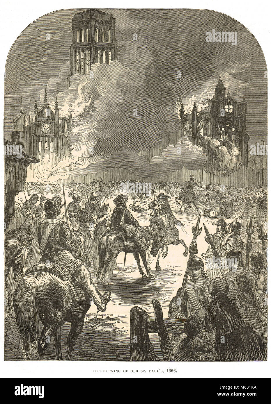 Vecchia Cattedrale di St Paul sul fuoco, il Grande Incendio di Londra, settembre 1666 Foto Stock
