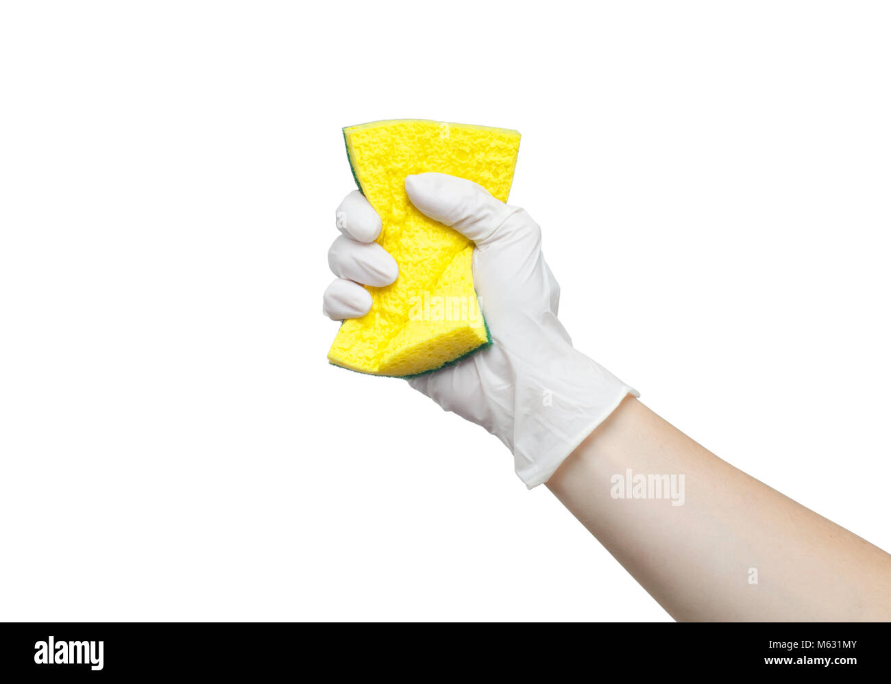 Mano di donna guanto, tenendo una spugna isolato su bianco Foto stock -  Alamy