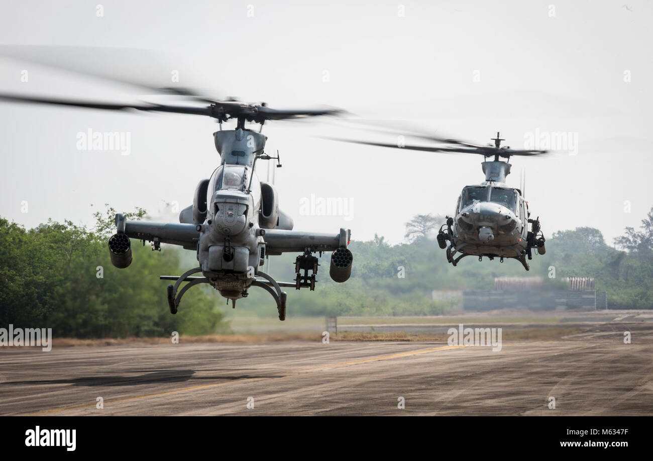 Un U.S. Marine Corps AH-1Z Viper elicottero, colore per il primo piano e un UH-1Y Venom elicottero sollevare la pista di atterraggio di U Tapao-Aeroporto internazionale, il Regno di Thailandia, il 10 febbraio, 2018. Luce subacquea attacco squadrone elicottero 369 arrivati in Thailandia per partecipare alla trentasettesima iterazione del Cobra oro come parte degli Stati Uniti Marine Corps Aviation combattere l'elemento. HMLA-369, Marine Aircraft Group 39, terzo aeromobile marino ala, è attualmente distribuita al di sotto dell'unità di distribuzione con il programma Mag-36, 1° MAW. Esercizio Cobra Gold 2018 è un esercizio annuale condotta nel Regno di Thailandia detenute da Feb. 13-23 Foto Stock