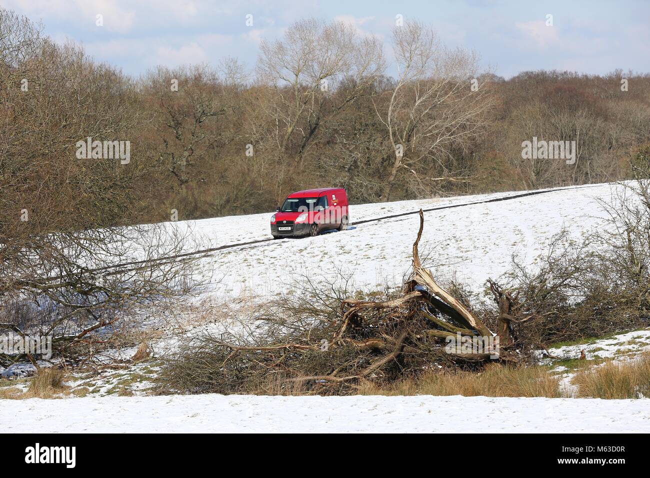 Un postino nel suo furgone fuori alla consegna nella neve in Clayton, West Sussex . 28 feb 2018 Photo James Boardman Foto Stock