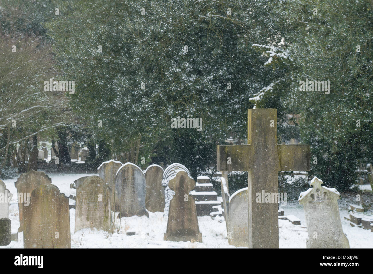 Londra, Regno Unito. Il 28 febbraio 2018. Scene in Hanwell cimitero dopo l arrivo della cosiddetta Bestia da est a scatto a freddo a Londra. Foto data: mercoledì 28 febbraio, 2018. Credito: Roger Garfield/Alamy Live News Foto Stock