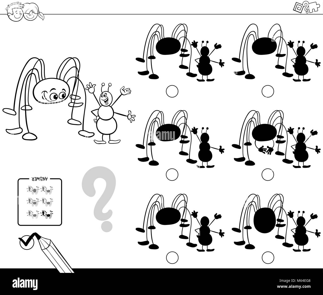 Bianco e Nero Cartoon illustrazione di trovare l'ombra senza differenze di attività educative per i bambini con simpatici personaggi di insetto colorazione Illustrazione Vettoriale