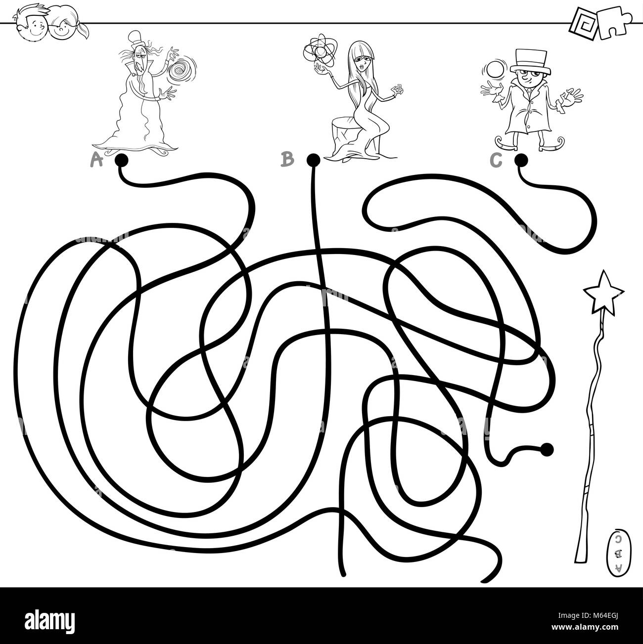 Bianco e Nero Cartoon illustrazione dei percorsi o labirinto puzzle game di attività con caratteri Wizard e Bacchetta Magica libro da colorare Illustrazione Vettoriale