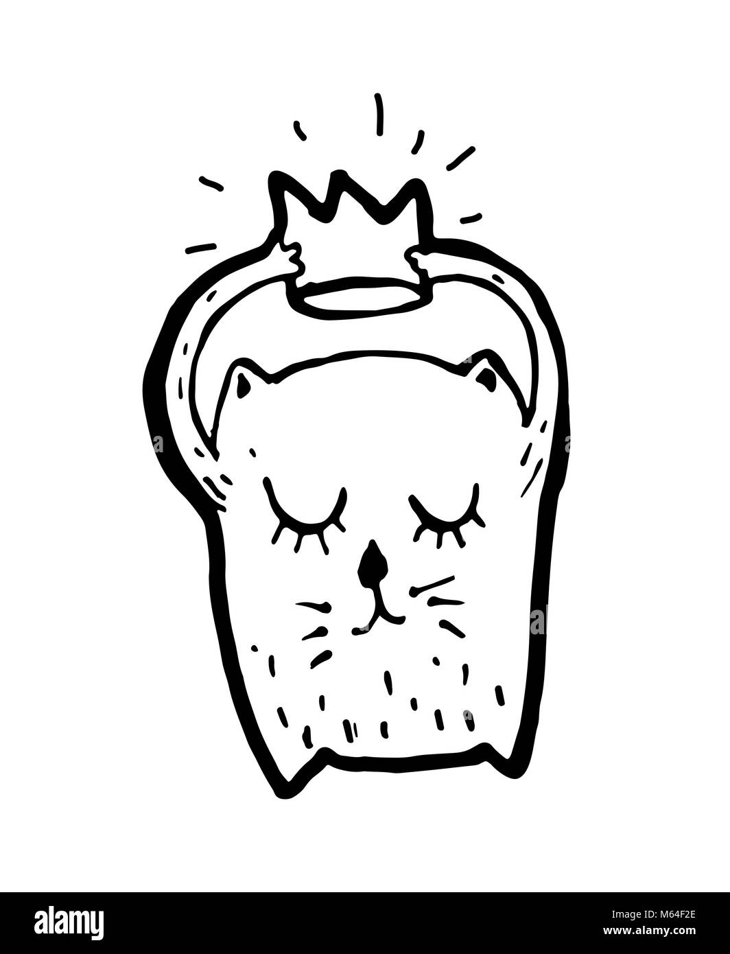 Cute cat con la corona. Vettore schizzo del fumetto illustrazione backgrou Illustrazione Vettoriale