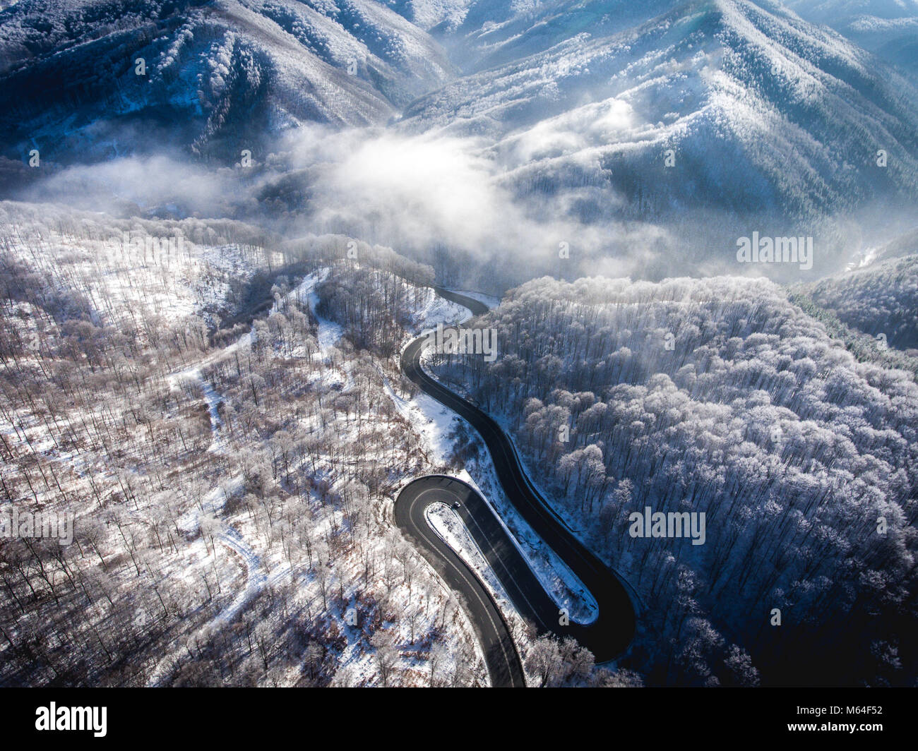 Strada tortuosa dalla high mountain pass in Transilvania, Romania d'inverno. Grande viaggio su strada attraverso il fitto bosco. Vista aerea. Foto Stock