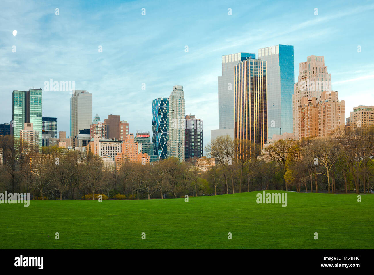Pecore Prato di Central Park e dello skyline di Midtown, New York City, NY, STATI UNITI D'AMERICA Foto Stock
