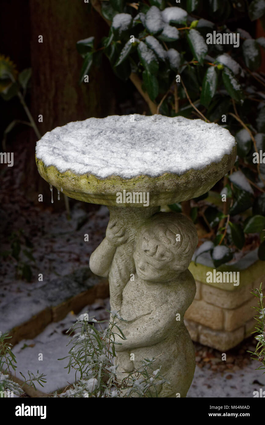 Cherubino Bagno uccelli perfettamente coperte di neve Foto Stock