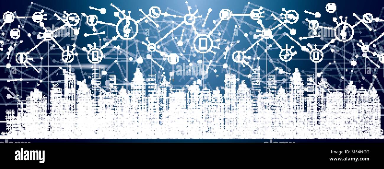 Smart City con neon edifici, reti e Internet delle cose icone. Illustrazione Vettoriale. Illustrazione Vettoriale