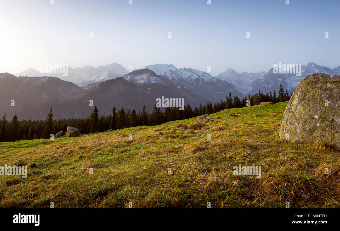 Panorama sui Monti Tatra da Rusinowa Polana, Polonia Foto Stock