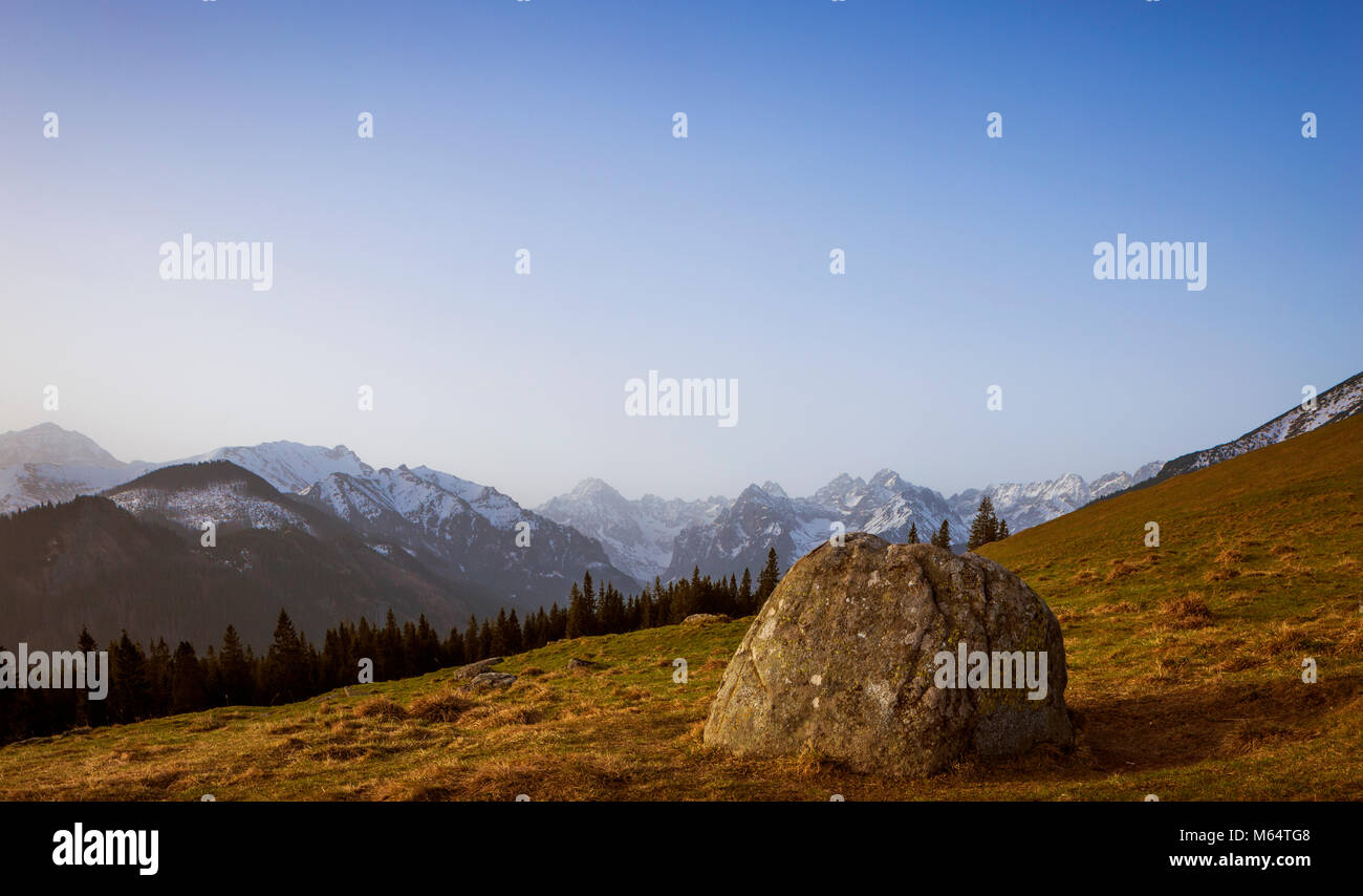 Panorama sui Monti Tatra da Rusinowa Polana, Polonia Foto Stock