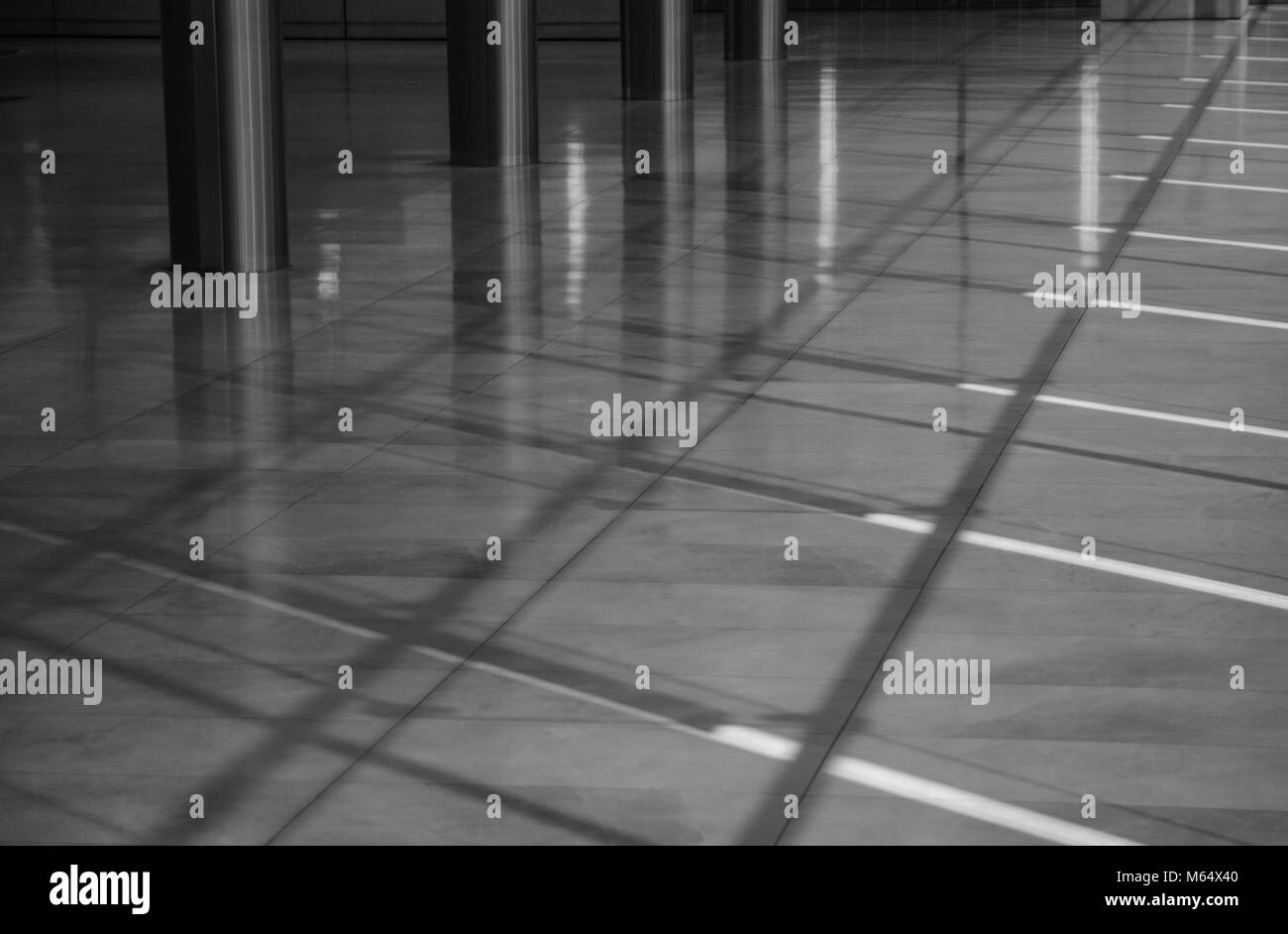 Abstract interior shot di pilastri riflettendo su un pavimento lucido in toni di grigio in bianco e nero Foto Stock