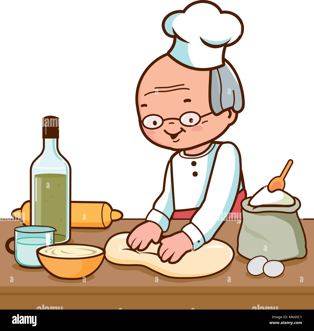 Panettiere che prepara il pane nella cucina della panetteria. Chef professionista che cucinano, impastano pasticceria o impasto in cucina e lavorano nel panificio. Illustrazione Vettoriale