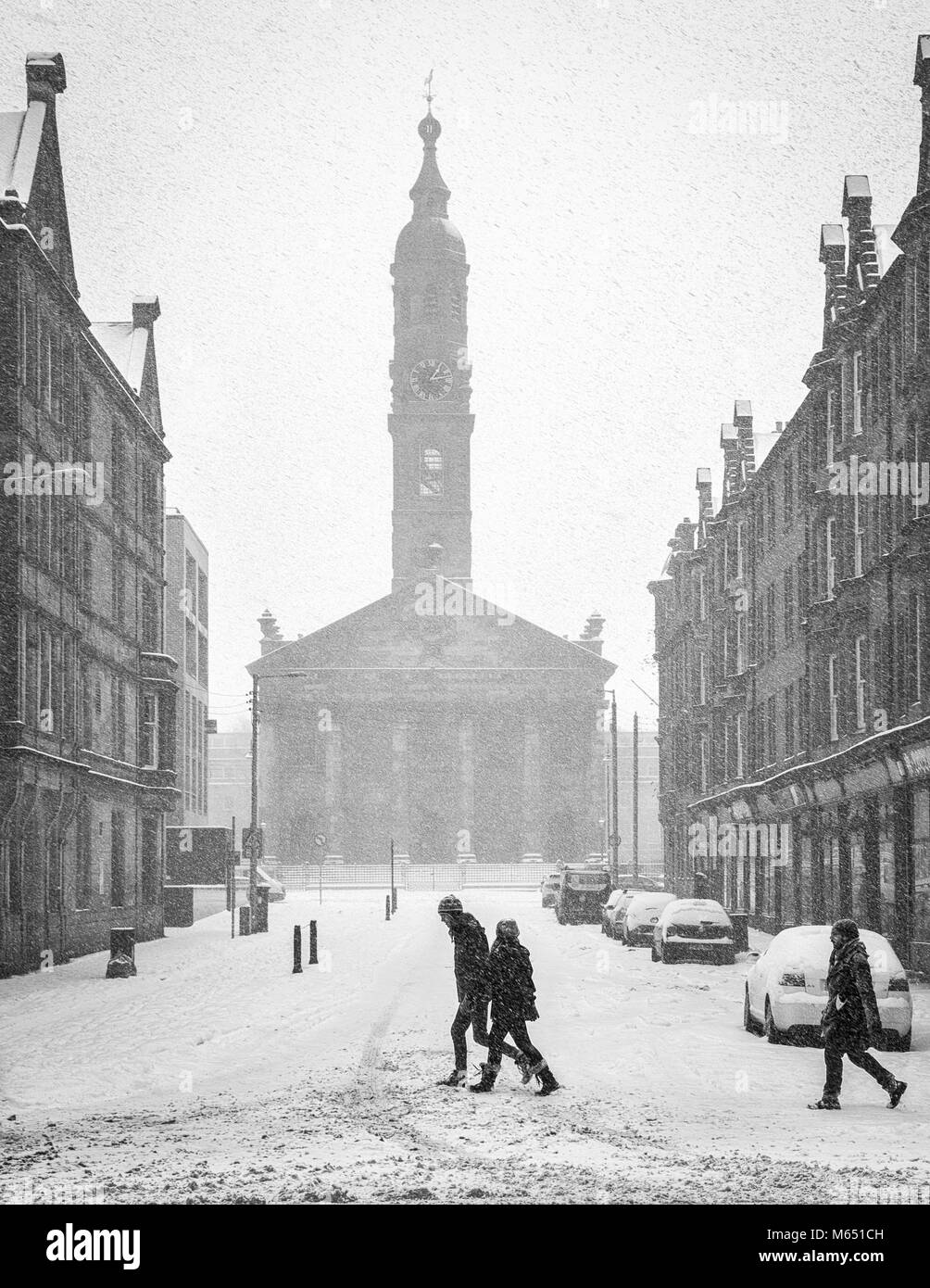 Glasgow Snow Scene di strada Foto Stock