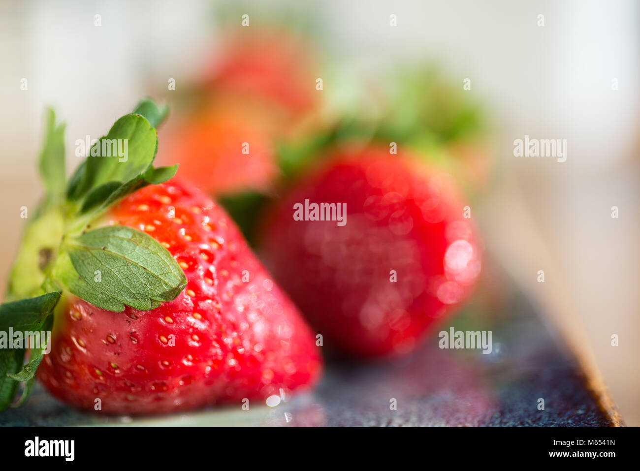 La vibrante vine ripe rosso fresco fragole. Messa a fuoco selettiva con spazio per il testo. Foto Stock