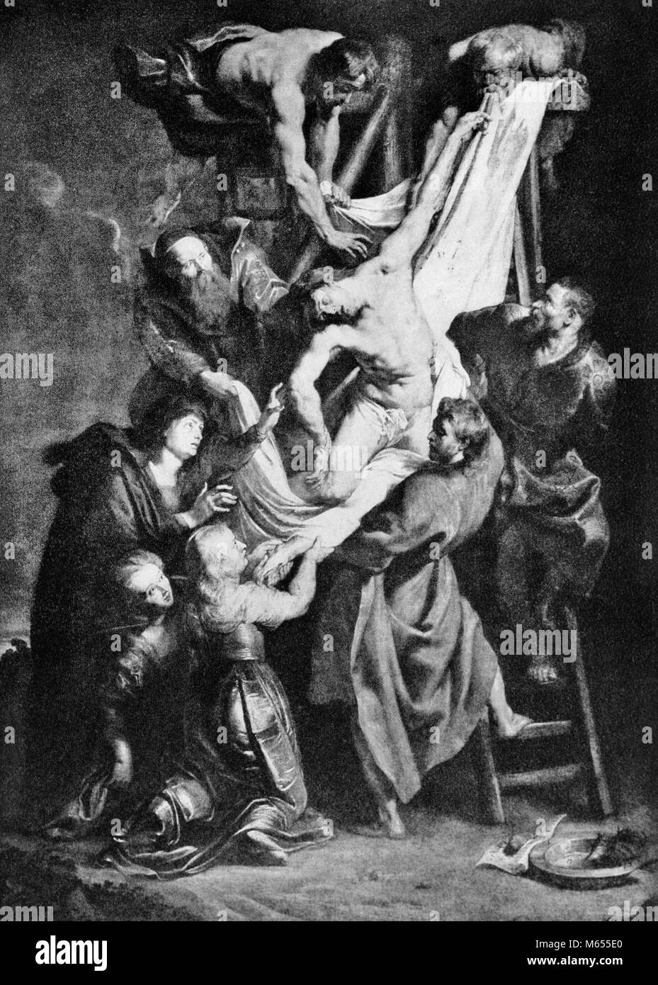 1600s del XVII secolo la pittura la discesa di Gesù dalla croce di Peter Paul Rubens - un3779 HAR001 HARS 1600s maschi 33 AD/CE B&W in bianco e nero la discesa di crocifisso Gesù Cristo del Nuovo Testamento in vecchio stile persone RUBENS Foto Stock