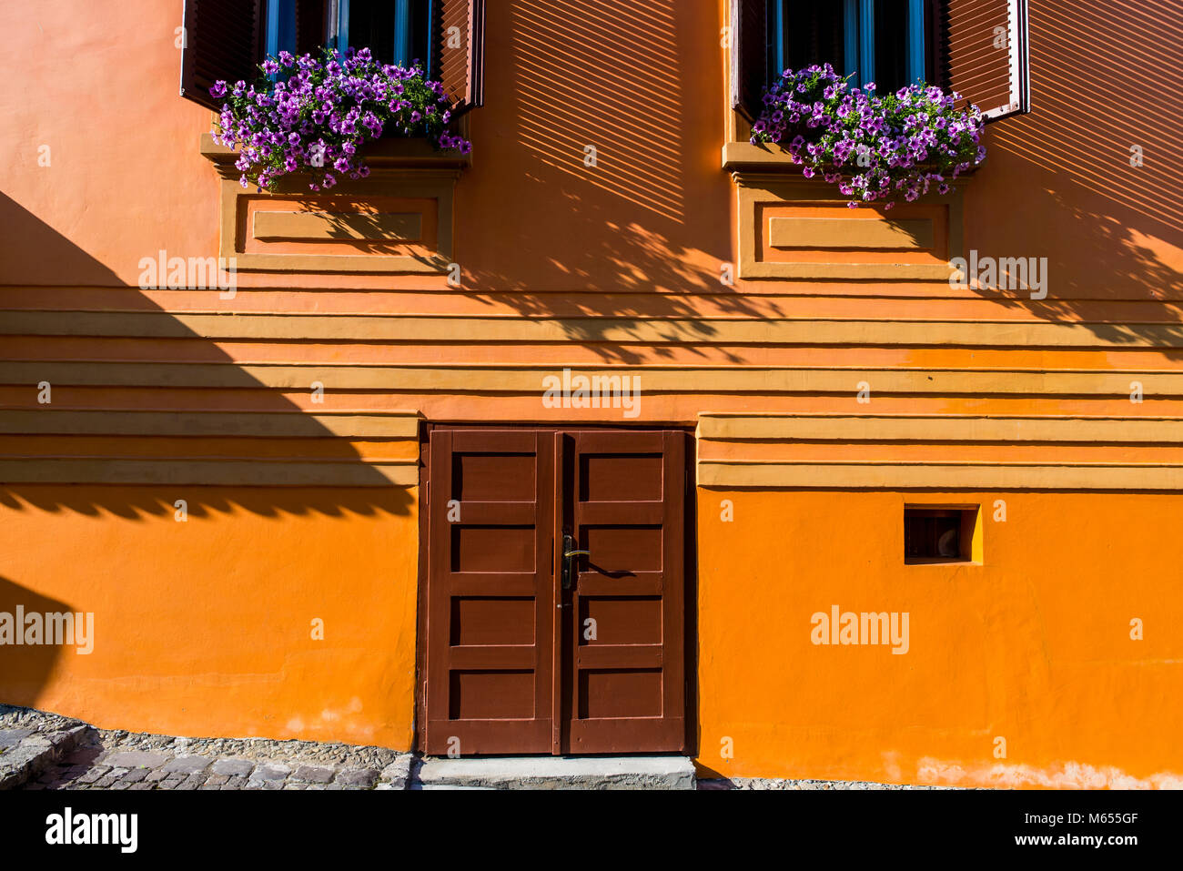 Porta di legno e fiori viola su Windows sul vecchio rustico casa arancione nella città rumena Sighisoara in Transilvania Foto Stock