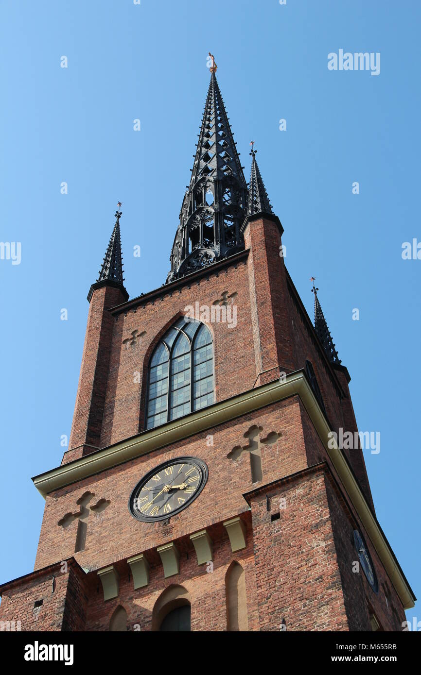 La parte superiore della torre di Riddarholmskyrkan a Stoccolma. Foto Stock