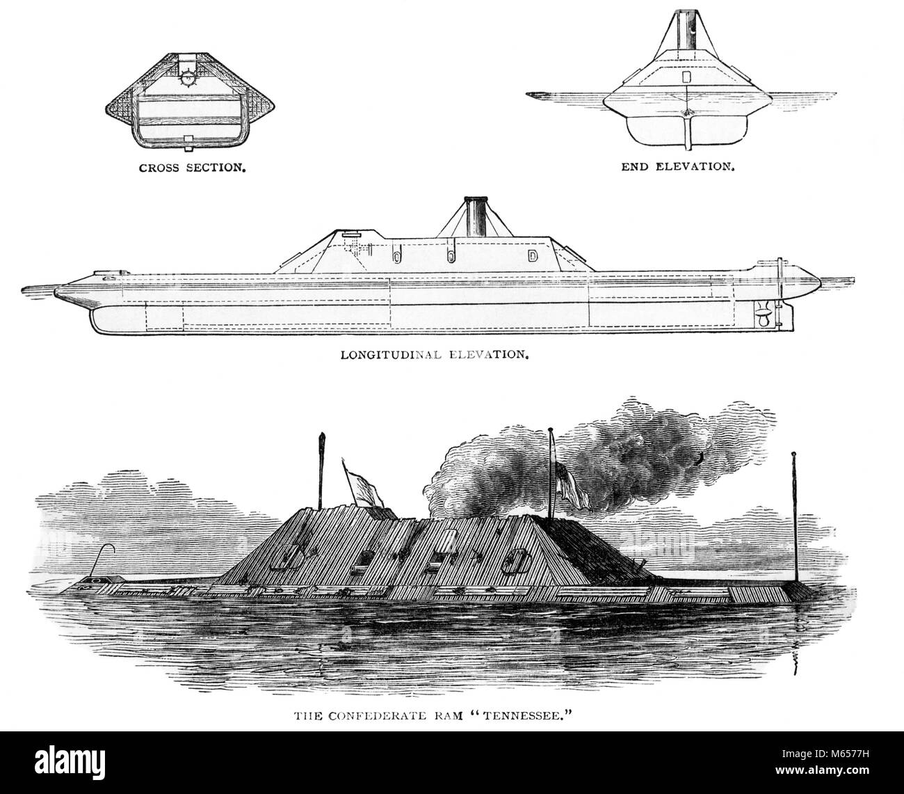 1860s GUERRA CIVILE AMERICANA CONFEDERATO IRONCLAD navale di RAM la Tennessee varie viste - h9844 HAR001 HARS RAM schematiche viste degli schemi Foto Stock