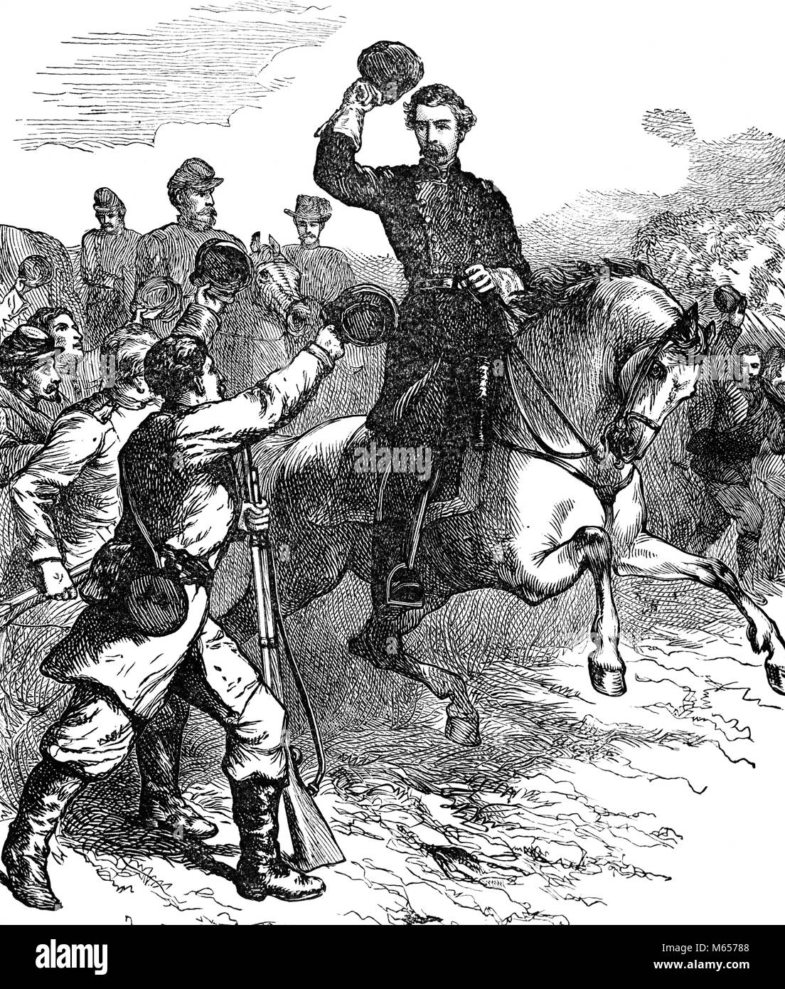 1860 5 maggio 1862 il generale dell'Unione McCLELLAN a cavallo che arrivano a Williamsburg Virginia STATI UNITI D'AMERICA - h9847 HAR001 HARS entusiasmo leadership arrivando truppe 1860s GRUPPO DI PERSONE DI SESSO MASCHILE mammifero 1862 GUERRA CIVILE AMERICANA B&W BATTAGLIE IN BIANCO E NERO LA GUERRA CIVILE DEI CONFLITTI 5 MAGGIO MCCLELLAN VECCHIO PERSONE Foto Stock