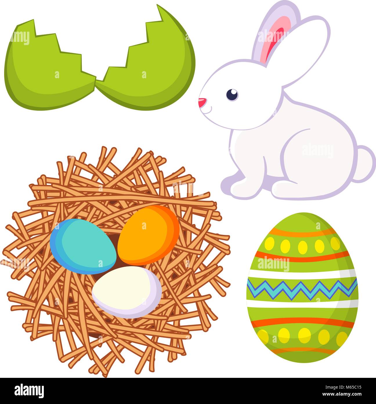 Cartoon easter icona impostare il guscio delle uova di pollo bunny nest icon set. Illustrazione Vettoriale