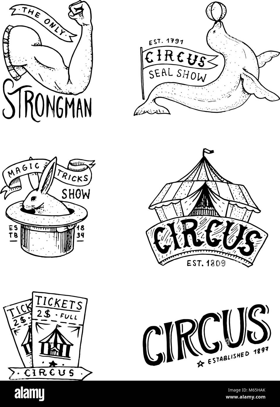 Carnival Circus badge. Un banner o un poster con animali. uomo forte e la guarnizione, lepre in hat, magic nella tenda. festival con attori. incisi emblema disegnato a mano. Theatre Marquee e. Illustrazione Vettoriale