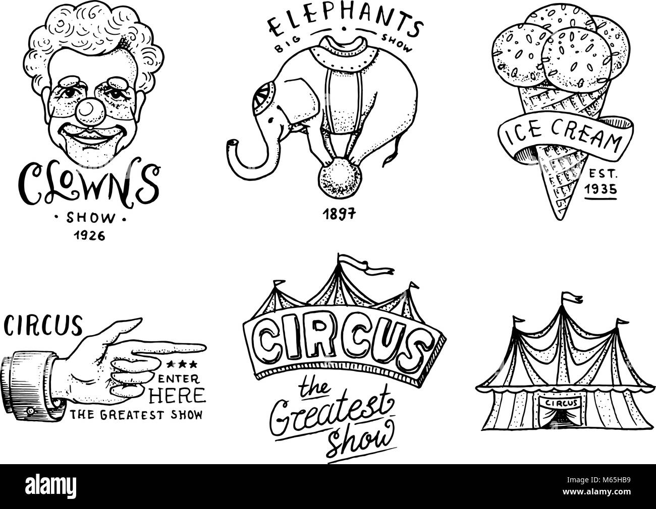 Carnival Circus badge. Un banner o un poster con animali. clown e elefante, gelati e focus, magic nella tenda. festival con attori. incisi emblema disegnato a mano. intrattenimento, teatro e tendone. Illustrazione Vettoriale