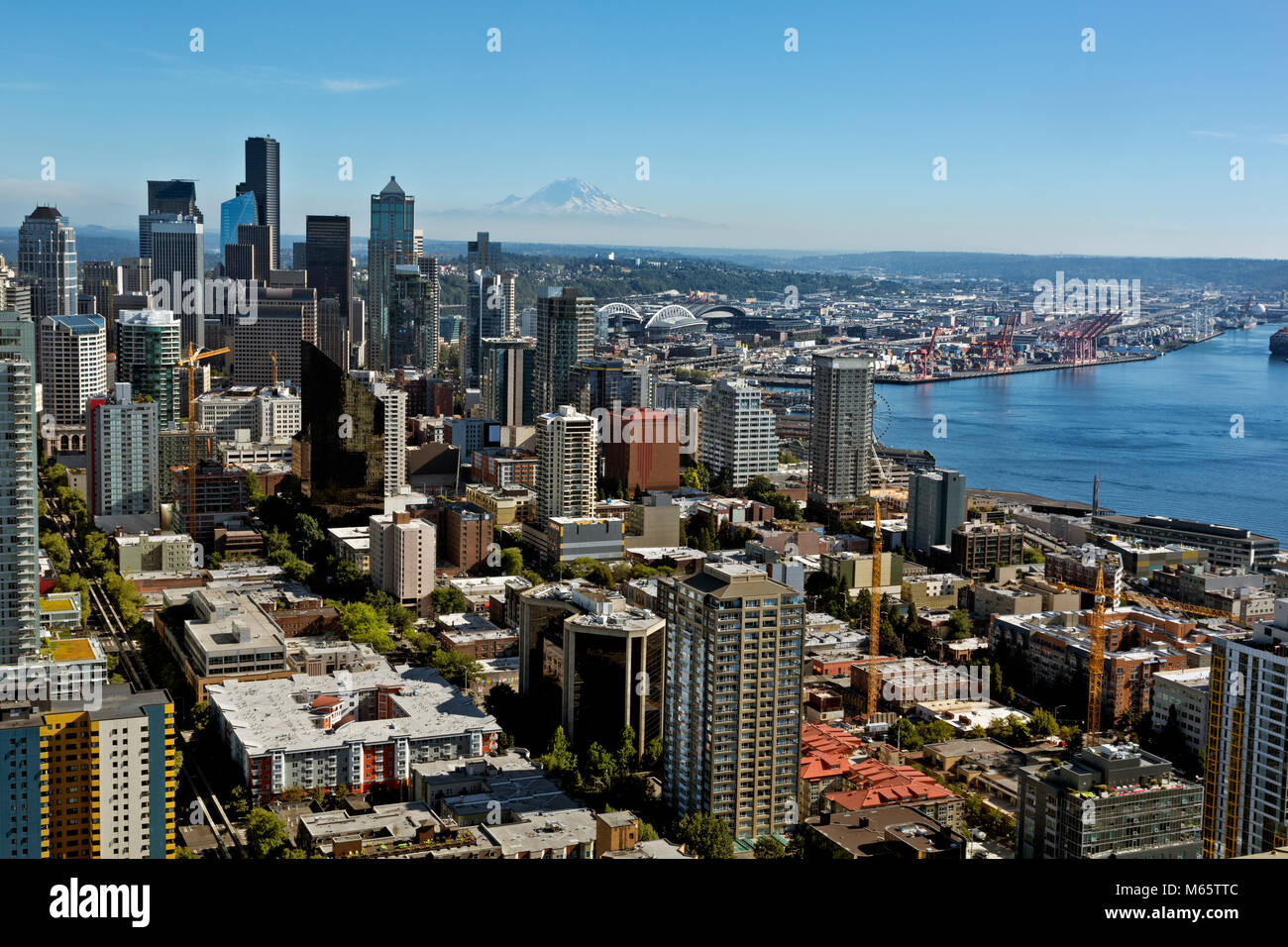 WA13786-00...WASHINGTON - Vista a sud dallo Space Needle, inclusi gli altissimi alture del centro di Seattle, Elliott Bay, la grande ruota panoramica. 2017 Foto Stock