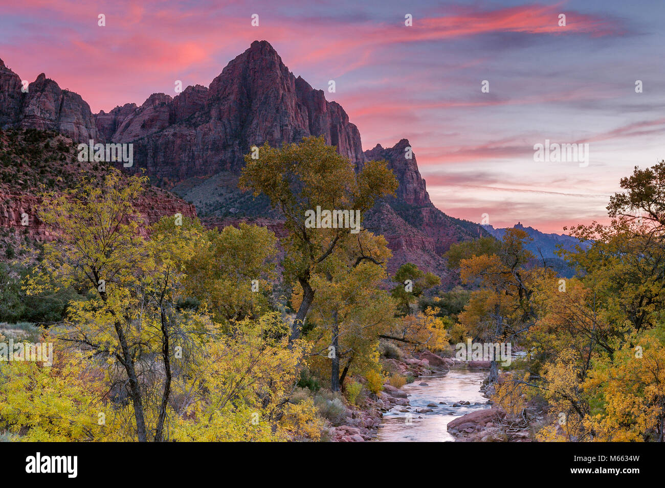 Crepuscolo, la Sentinella, fiume vergine, Parco Nazionale Zion, Utah Foto Stock