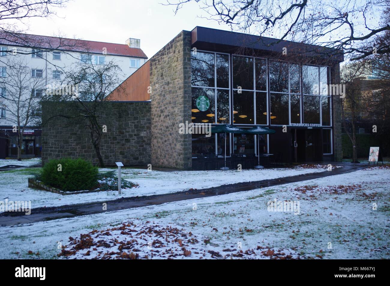 Starbucks Coffee Shop sul campus dell'Università di Aberdeen su un inverno nevoso giorno. La Scozia, Regno Unito. Foto Stock