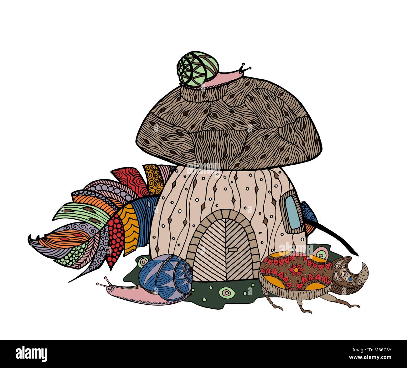 Testa a fungo da favola e piuma Uccelli. Illustrazione Vettoriale