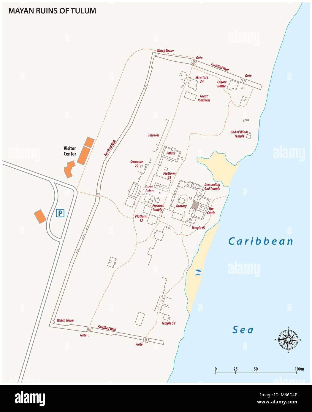 Mappa vettoriale delle rovine Maya di Tulum in Messico Illustrazione Vettoriale