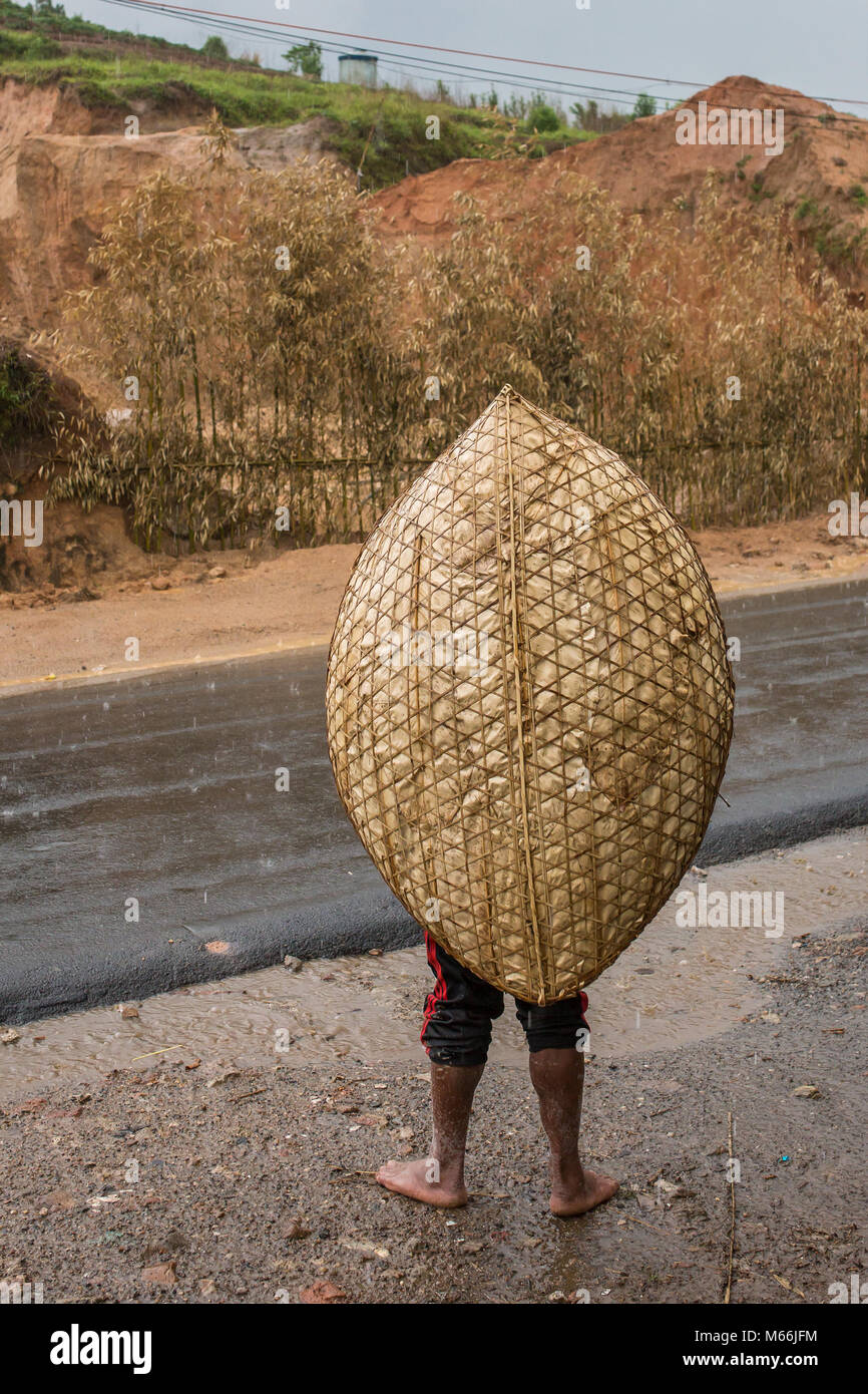 Unidentified khasi uomo indossando il tradizionale Rain cover di bambù, Meghalaya, Nord Foto Stock