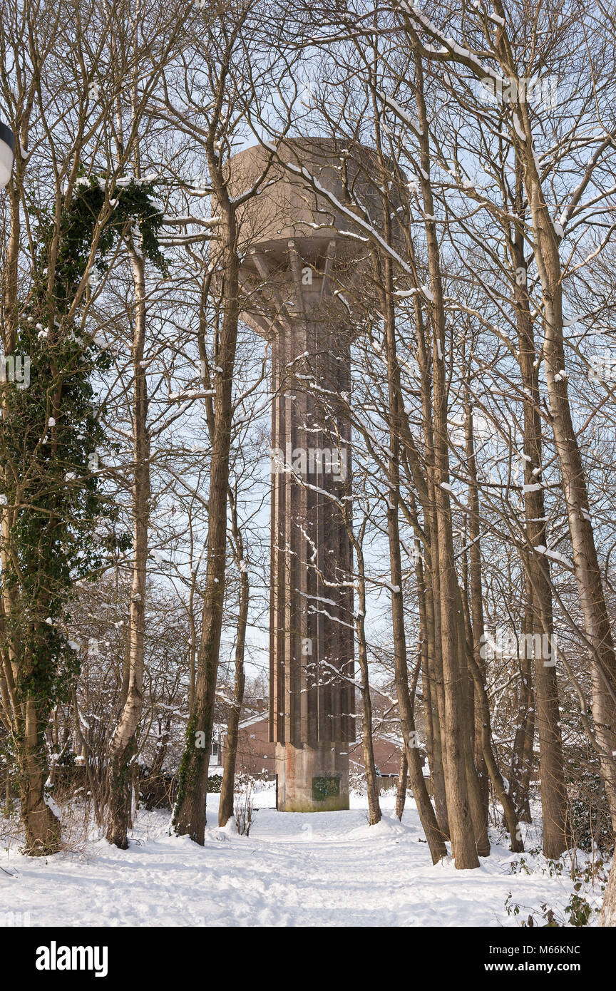 Calcestruzzo massiccia torre di acqua nella parte superiore del villaggio di Vigo deve essere mantenuto non gelate in -10 C condizioni sopra torreggianti alberi in inverno il serbatoio per le case Foto Stock