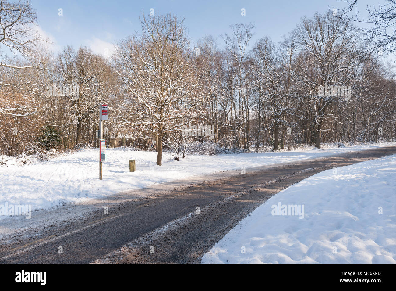 Snowbound Vigo Village, strade infine gritted e salato in inverno ma non i servizi pubblici in modo sarebbe una lunga attesa presso la fermata del bus Foto Stock