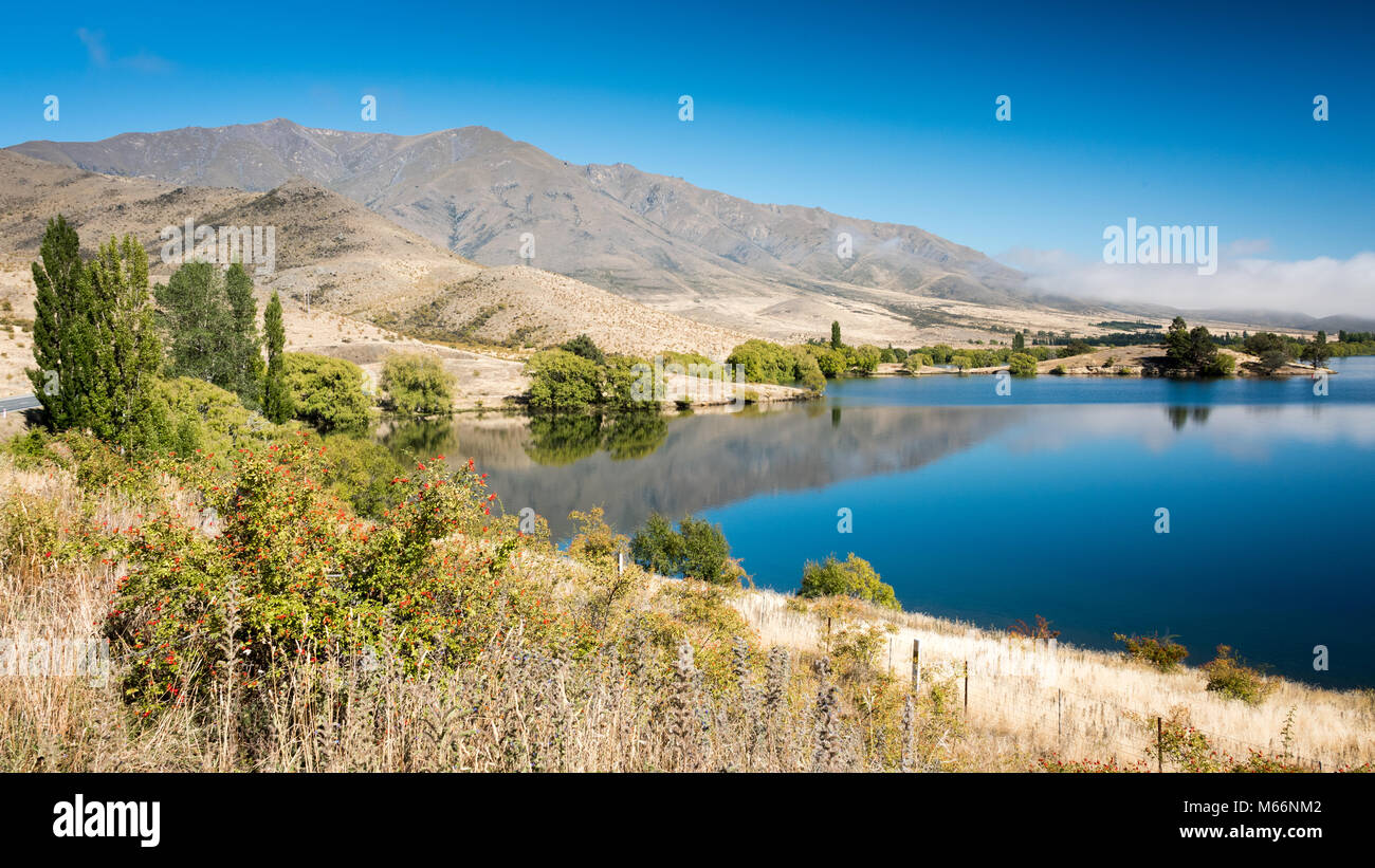 Lago Ruataniwha al mattino, Isola del Sud, Nuova Zelanda Foto Stock