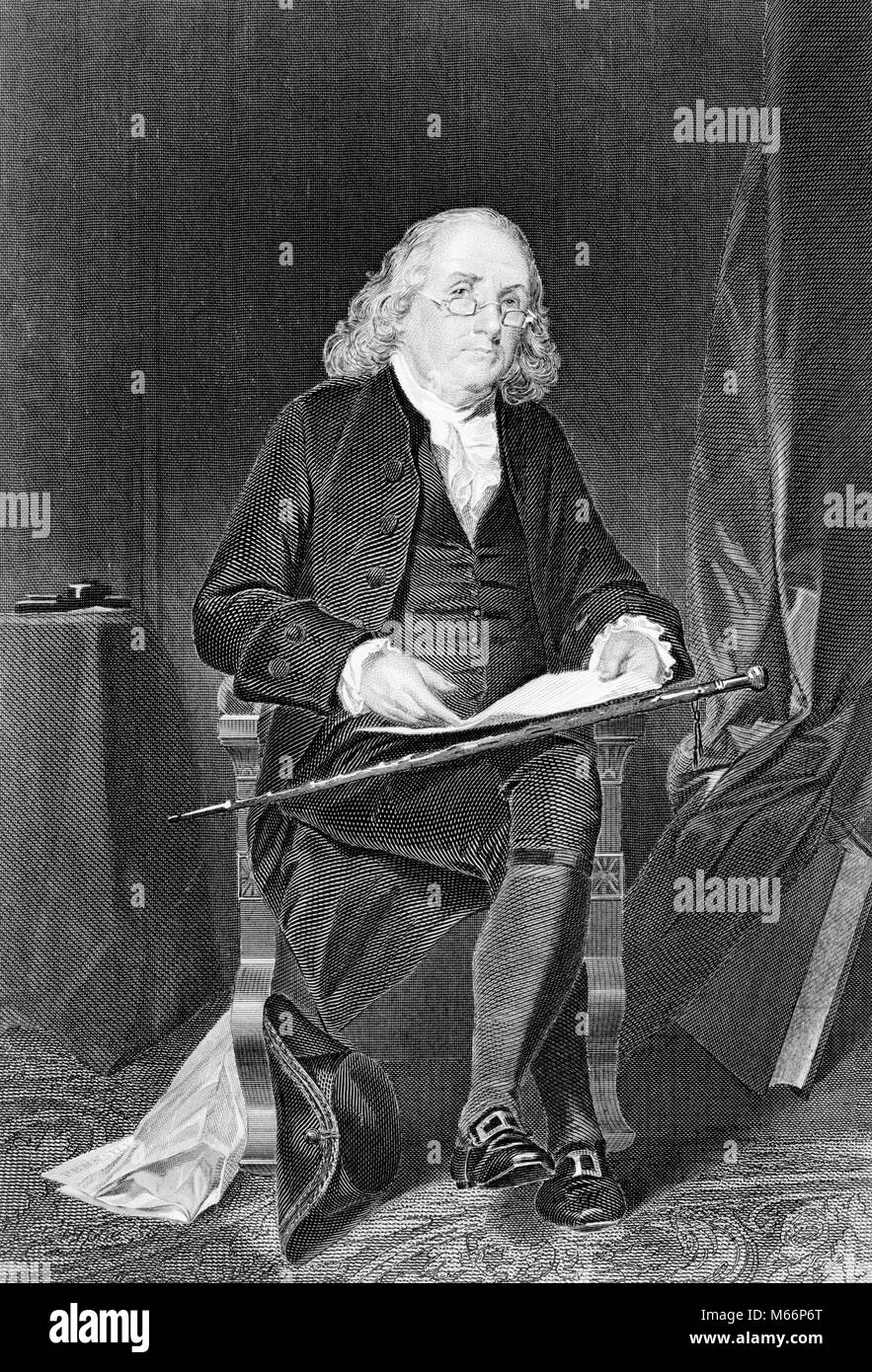 1770s illustrazione a piena lunghezza Ritratto di Benjamin Franklin seduto in poltrona guardando la fotocamera - Q51257 CPC001 HARS guerre politico di conoscenza dell'innovazione politica 1776 Guerra d Indipendenza ben rivolta la guerra rivoluzionaria americana 1770s colonie inventore maschi B&W Benjamin Franklin in bianco e nero di etnia caucasica DIPLOMAT padre fondatore guardando la fotocamera in vecchio stile persone Foto Stock