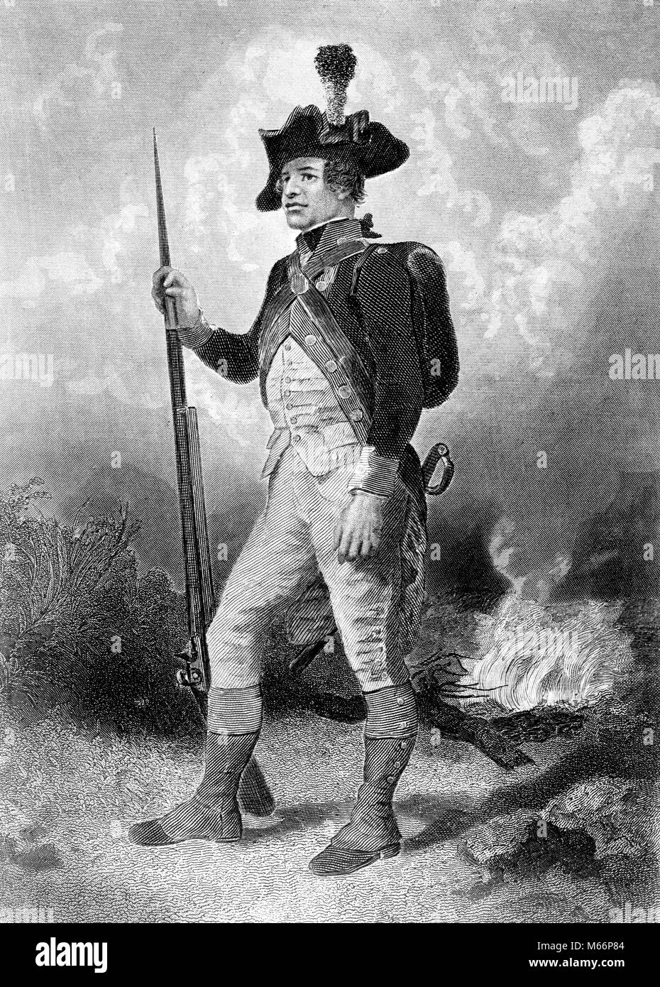 1770s illustrazione raffigurante la lunghezza completa la figura del soldato da esercito continentale della rivoluzione americana - Q59398 CPC001 HARS PERSONE TRICORNO HAT Foto Stock