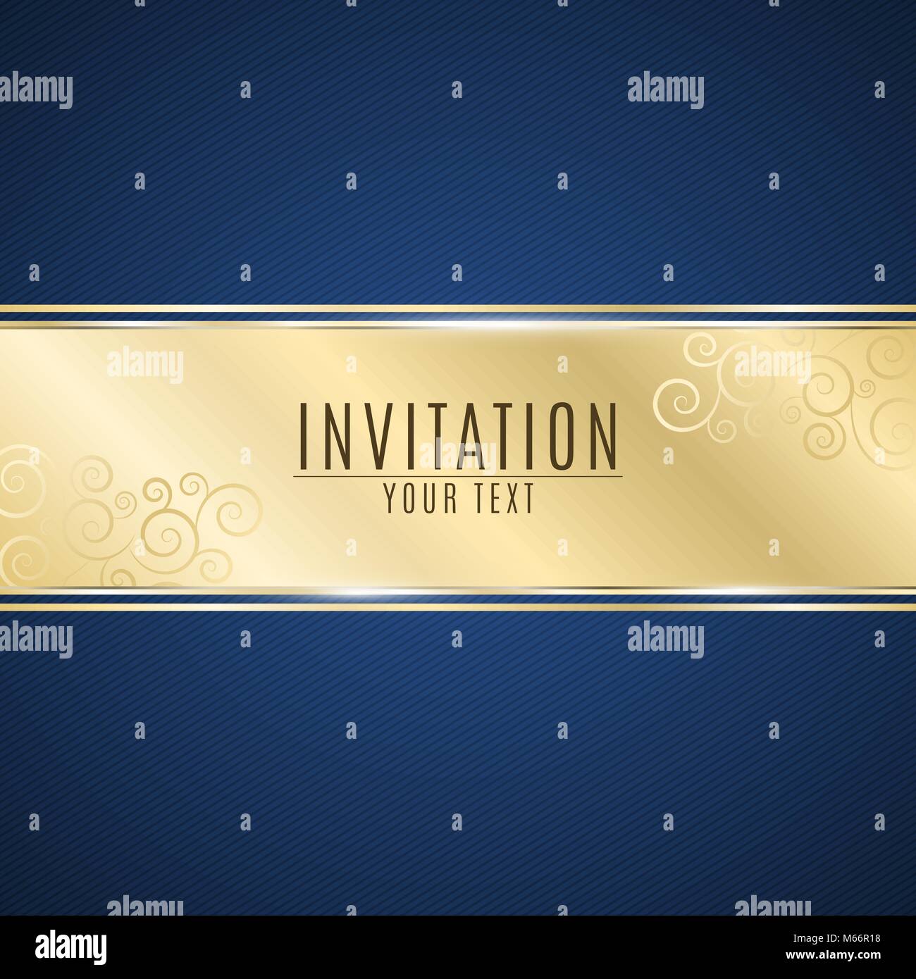 Invito di lusso. Golden ribbon banner su uno sfondo blu con un motivo di linee oblique. Realistico striscia oro con un'iscrizione. Il merletto d'oro. Illustrazione Vettoriale