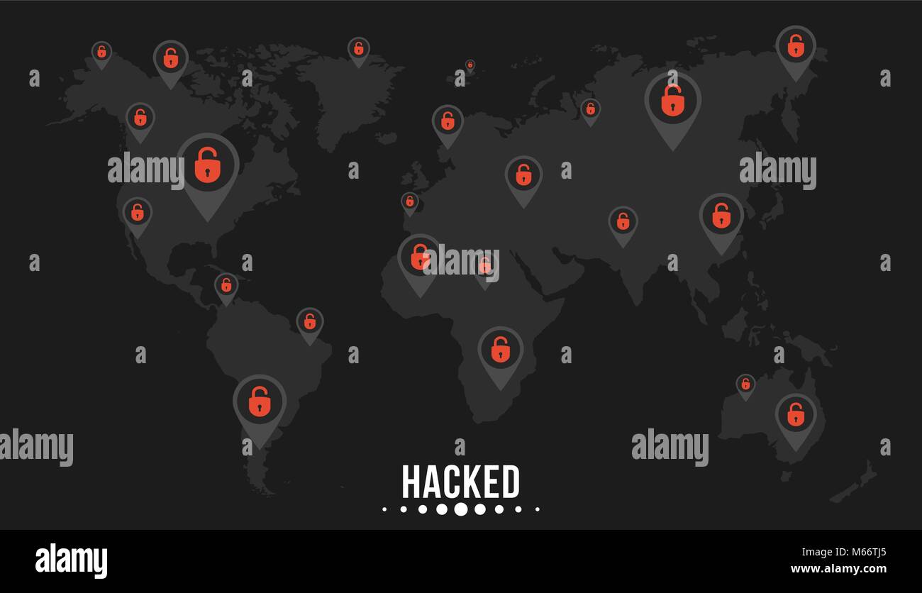 I marchi con incrinato i blocchi rossi sulla mappa del mondo del pianeta terra. I cibercriminali hacked la rete. Soft sfondo nero. Il sistema è violato. Illustrazione Vettoriale