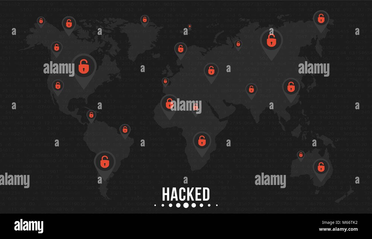 I marchi con incrinato i blocchi rossi sulla mappa del mondo del pianeta terra. I cibercriminali hacked la rete. Soft sfondo nero con codice di programma Vect Illustrazione Vettoriale