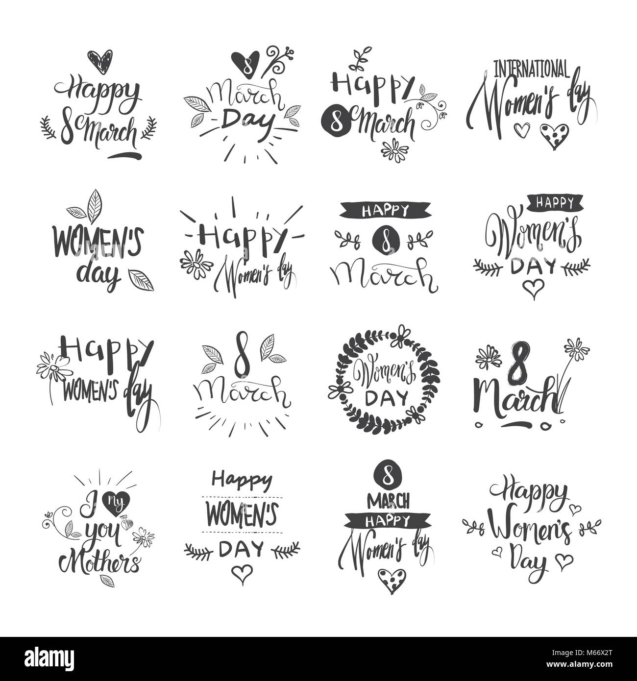 Felici donne giorno scritte Set inchiostro Grunge Scudetti e adesivi su sfondo bianco Illustrazione Vettoriale