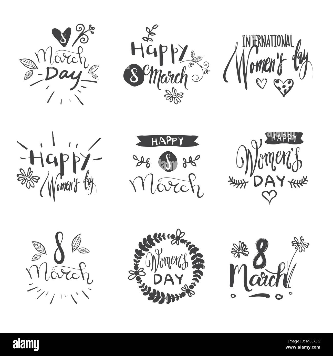 Disegnata a mano felici donne giorno Set badge Creative Lettering Grunge schizzo su sfondo bianco Illustrazione Vettoriale