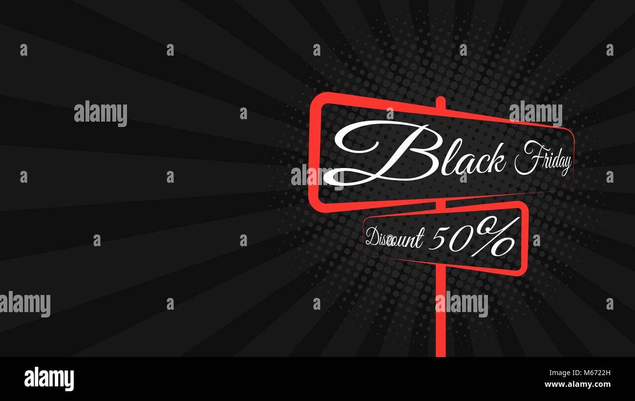 Venerdì nero. Grande vendita. Cartello stradale con il testo sulle schede. Banner sul lato. Sconto del 50%. Banner e copertura per il progetto. Purch di grandi dimensioni Illustrazione Vettoriale