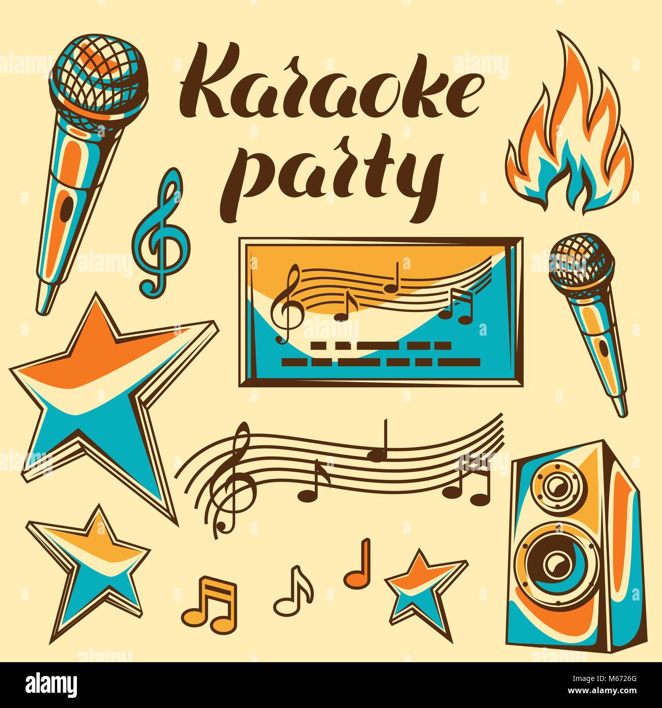 Karaoke parte elementi. Evento di Musica di insieme di oggetti. Illustrazione in stile retrò Illustrazione Vettoriale