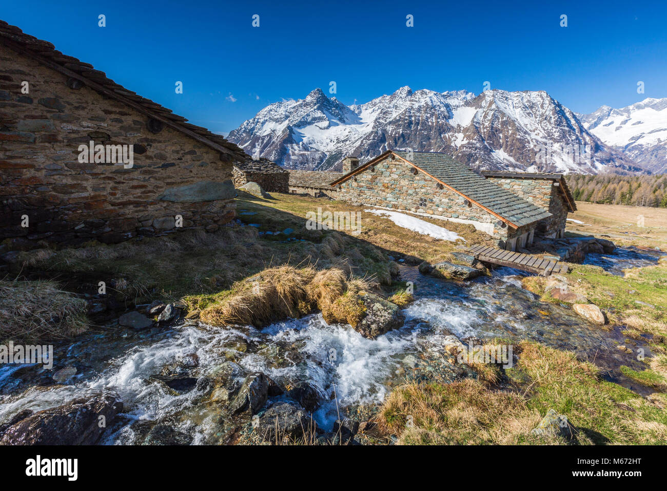 Entova Alp durante la primavera, Malenco Valley, provincia di Sondrio e della Valtellina, Lombardia, Italia Foto Stock