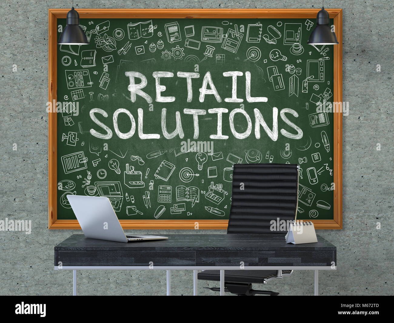 Soluzioni per la vendita al dettaglio del concetto. Lavagna sulla parete per ufficio. 3d Foto Stock